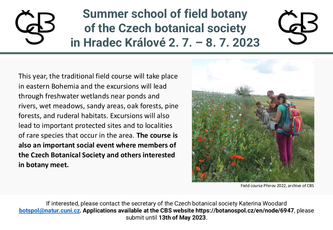flyer: Summer school of field botany of the Czech botanical society in Hradec Králové 2. 7. – 8. 7. 2023