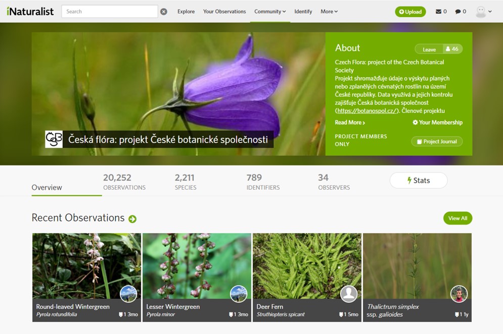screenshot stránky projektu: https://www.inaturalist.org/projects/ceska-flora-projekt-ceske-botanicke-spolecnosti