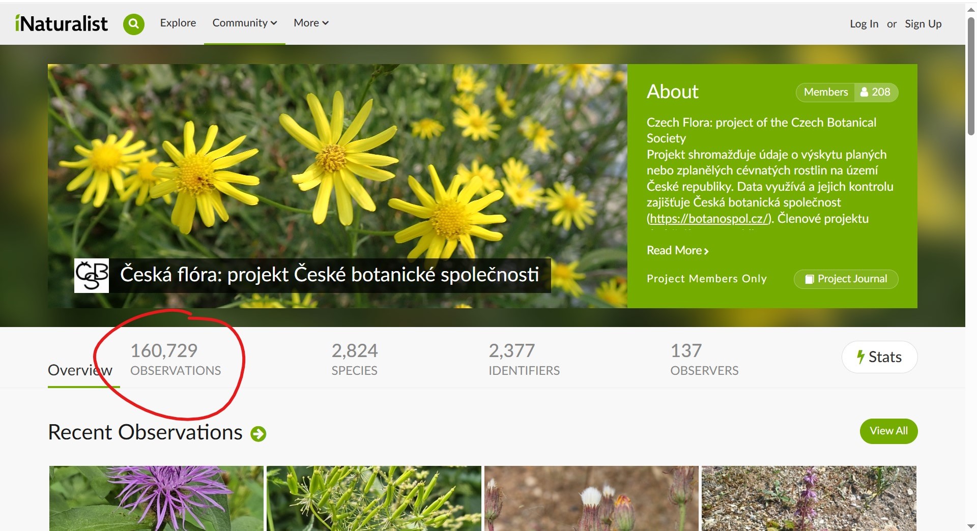 Screenshot stránky https://www.inaturalist.org/projects/ceska-flora-projekt-ceske-botanicke-spolecnosti dne 6. 7. 2025 pár minut po 19. hodině.